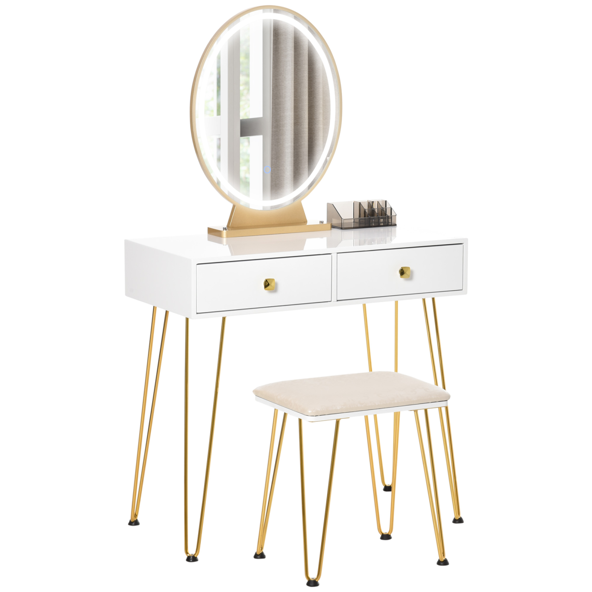 Dressing Table Set With LED Mirror & Stool, 2 Drawers Makeup Desk