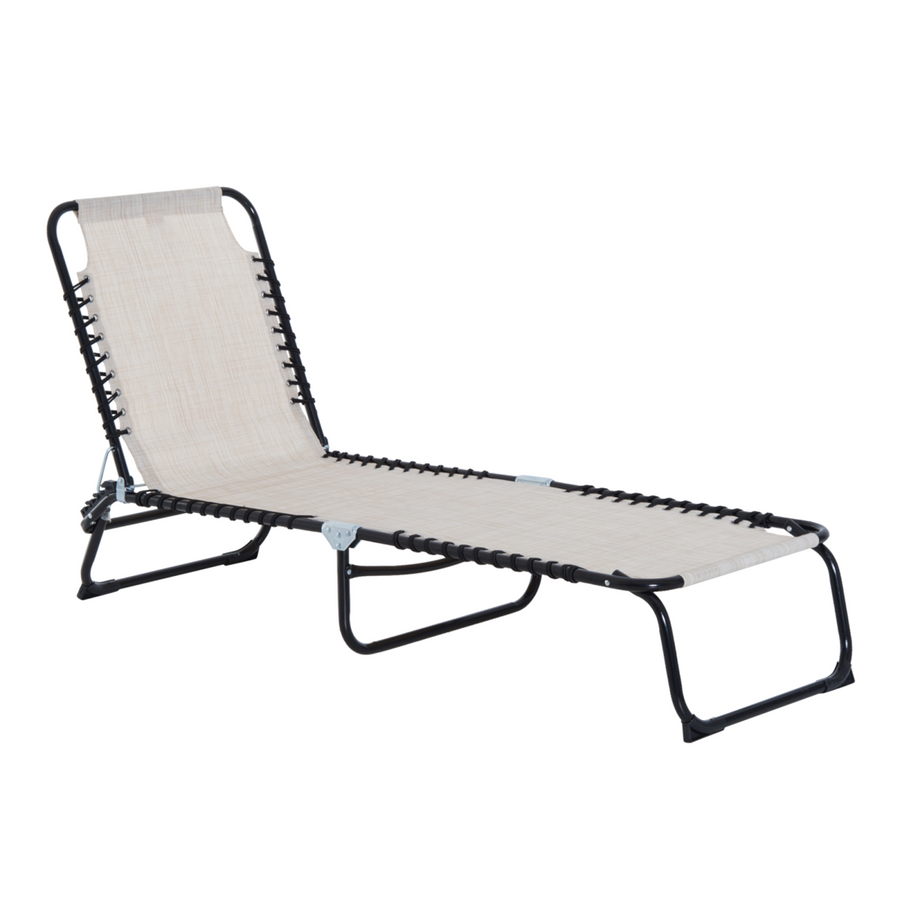 Sun Lounger Folding Chair Recliner & 4 Adjustable Backrest -  Cream & White