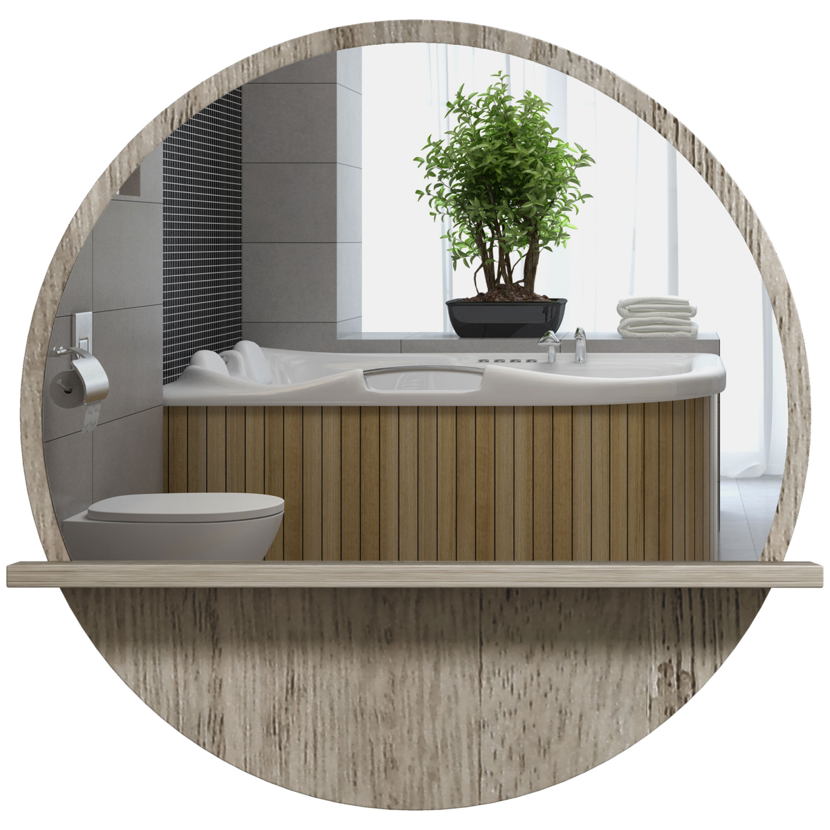 kleankin Round Wall Mirror with Shelf, Grey Wood Effect