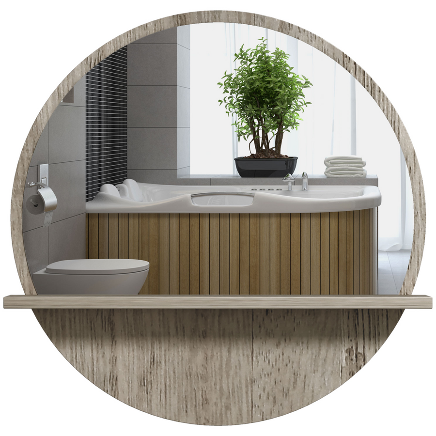 kleankin Round Wall Mirror with Shelf, Grey Wood Effect