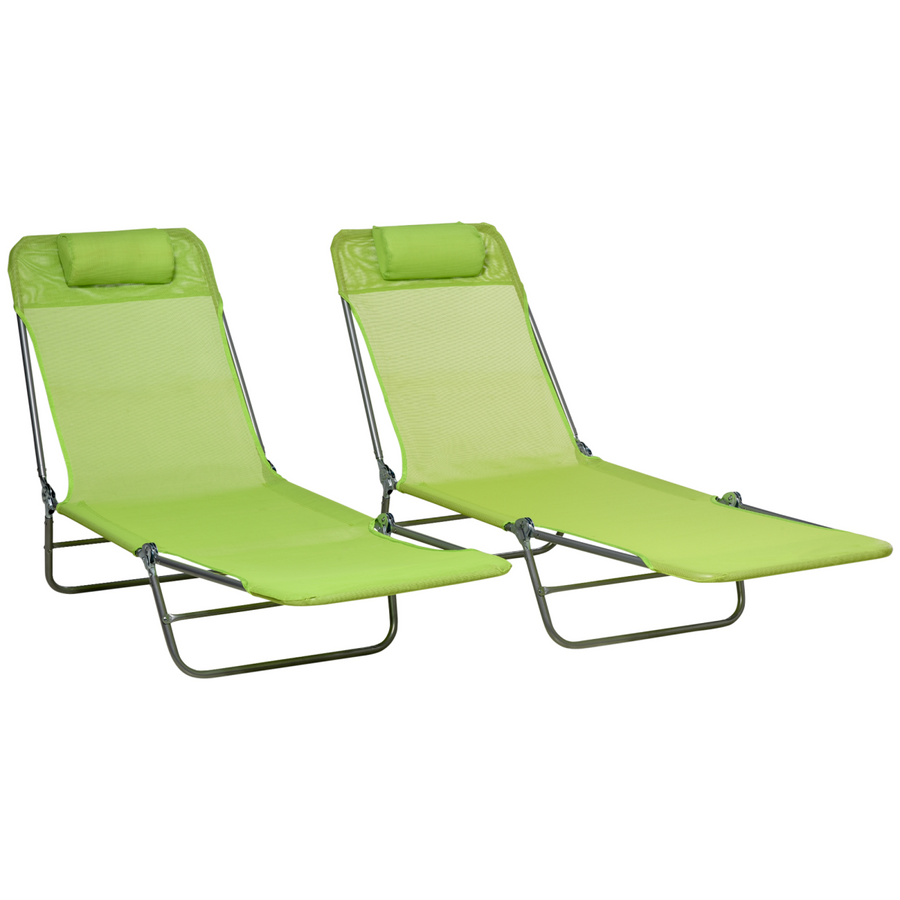 Outsunny 2 Piece Folding Sun Loungers with Adjustable Backrest and Pillow, Green