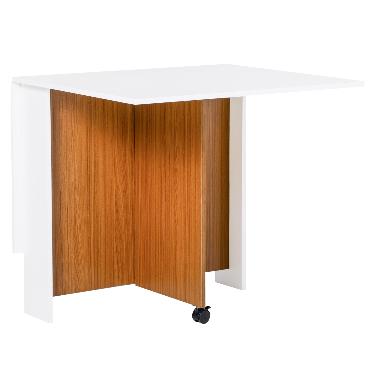 Folding Drop Leaf Table with Casters, Teak/White