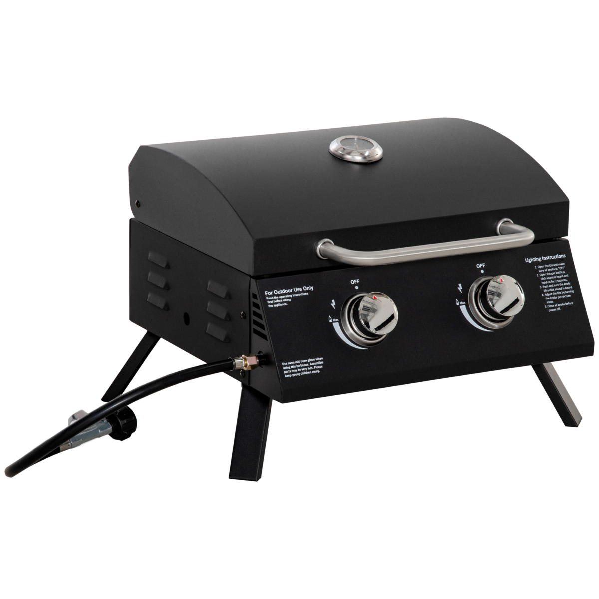 2 Burner Gas BBQ Grill Portable Folding Tabletop Barbecue with Lid Thermometer Black