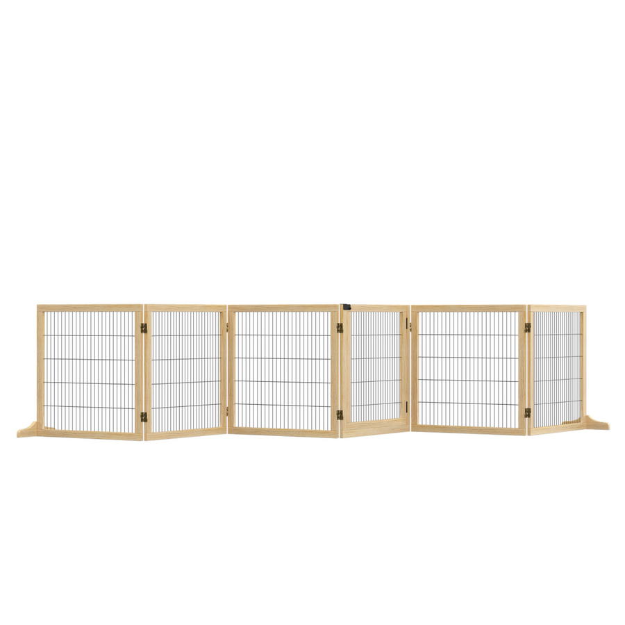 PawHut Freestanding Pet Dog Gate, Six-Panel Foldable Wooden Playpen, 432cm