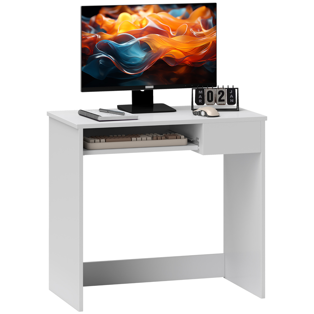 Compact Computer Table with Keyboard Tray and Drawer White