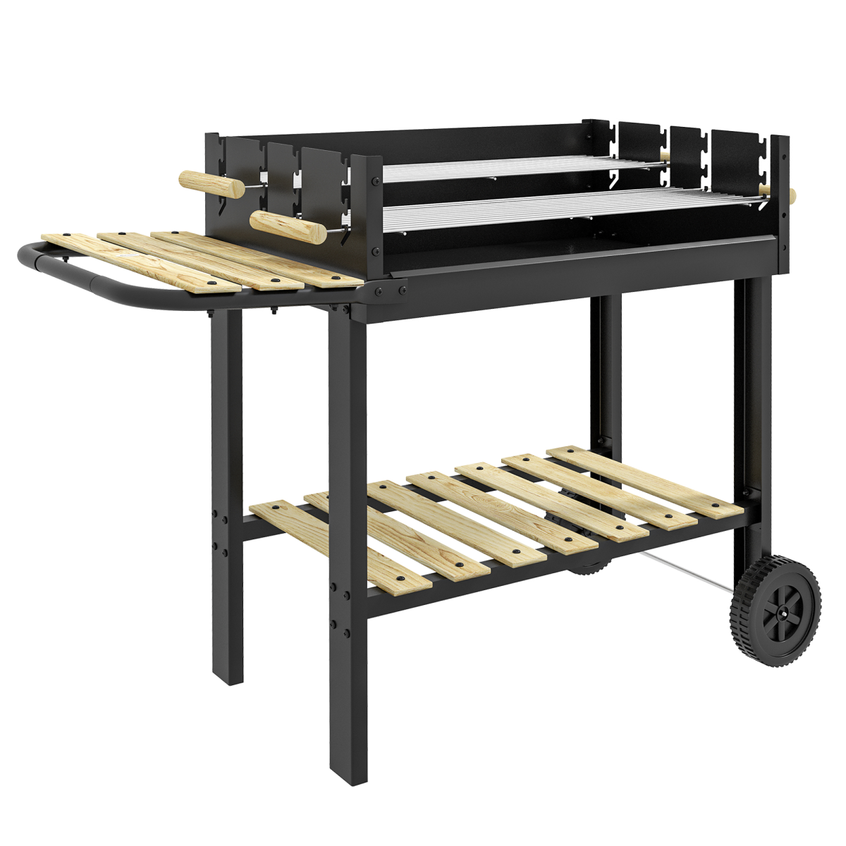 Outsunny Dual-Zone Charcoal BBQ Grill w/ Wheels, Side Table & Storage Shelf
