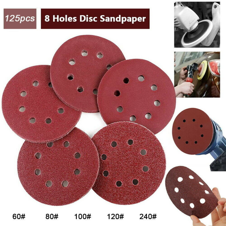 125 Pack 5" 8-Hole Sanding Discs, 40-240 Grit, 125mm, Orbital Sander Pads