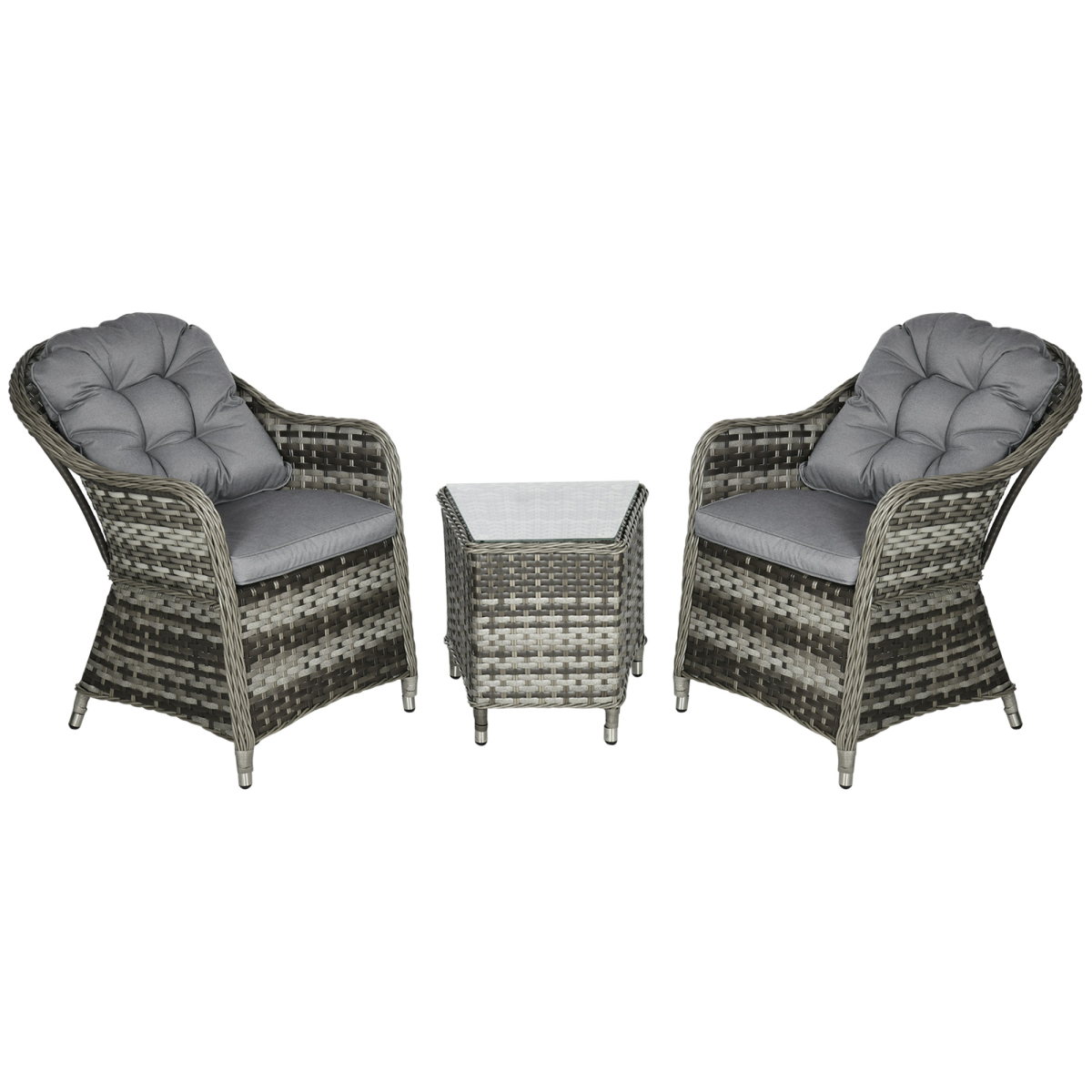3 Piece Aluminium Rattan Bistro Set with Cushions and Tempered Glass Top
