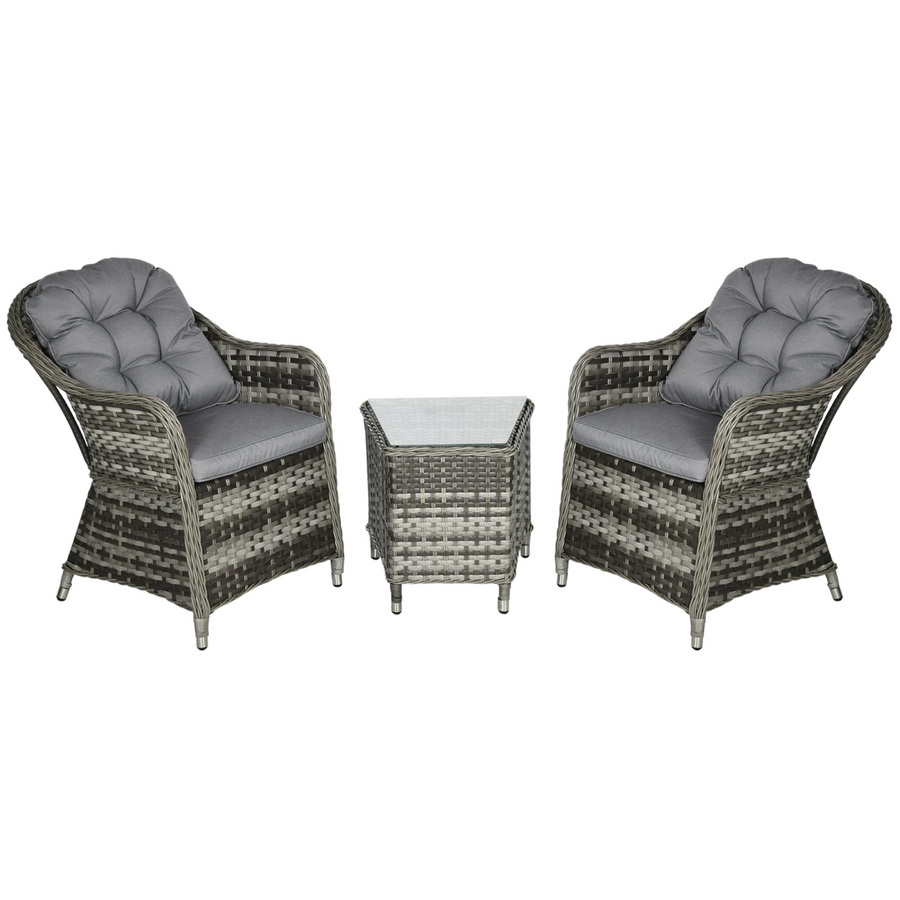 3 Piece Aluminium Rattan Bistro Set with Cushions and Tempered Glass Top