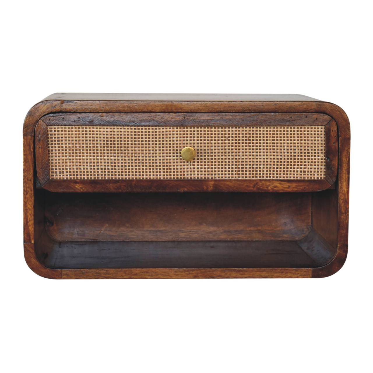 Artisan Furniture Solid Wood Chestnut Wall Mounted Open Woven Bedside Chest, Dark Brown, 1 Drawer, 1 Shelf