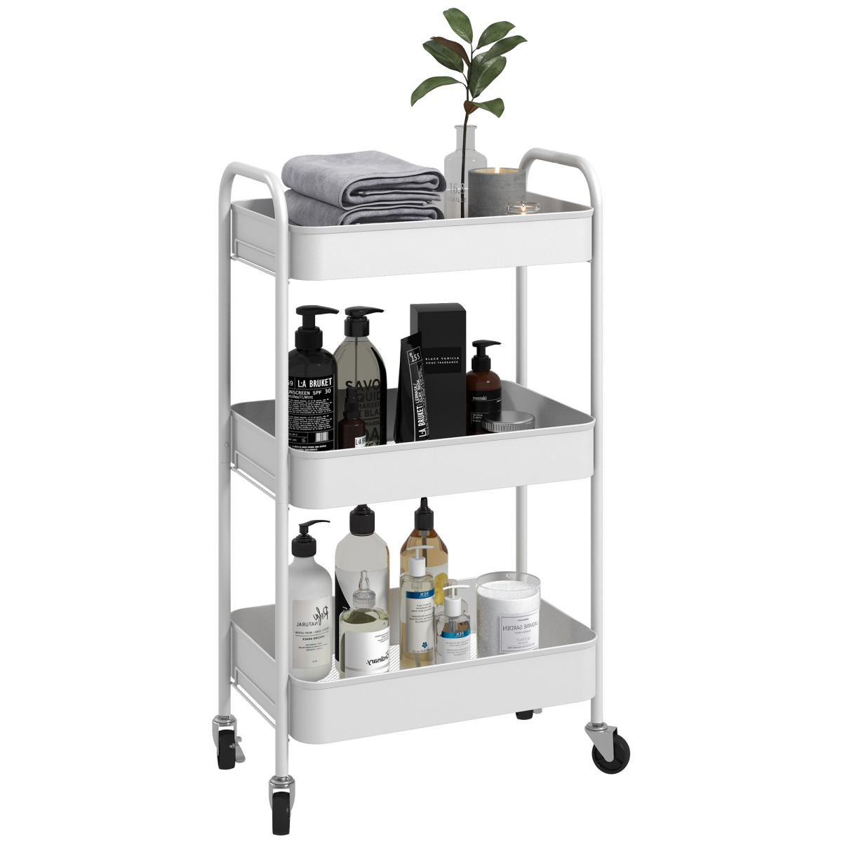 HOMCOM 3 Tier Rolling Utility Cart with 3 Mesh Baskets, White