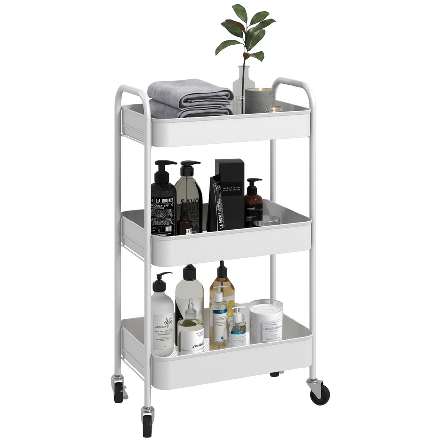 HOMCOM 3 Tier Rolling Utility Cart with 3 Mesh Baskets, White
