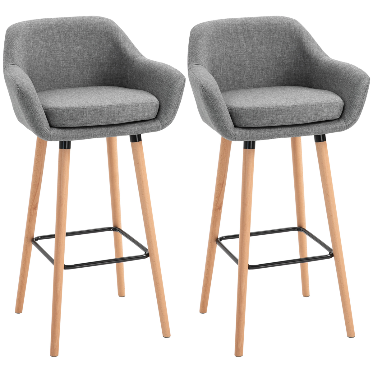 2 PCs Modern Upholstered Fabric Bucket Seat Bar Stools with Solid Wood Legs, Grey