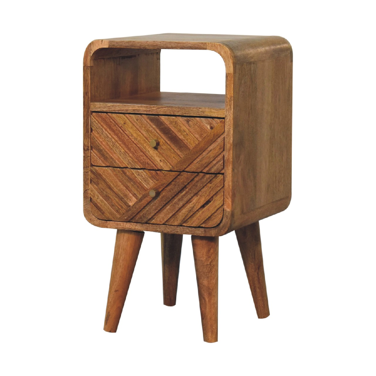 Artisan Furniture Solid Wood Mini Lille Curved Bedside, Brown, 2 Drawers, 1 Open Slot
