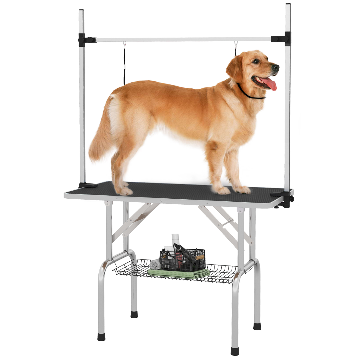 Dog Grooming Table Metal Adjustable Rubber Top with 2 Safety Slings and Mesh Basket, Black