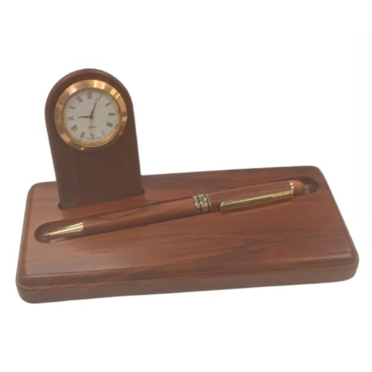Imperial Miniature Desk Clock with Wood Matt Brown Gold Trim Ball Pen IMP302 Gift Set