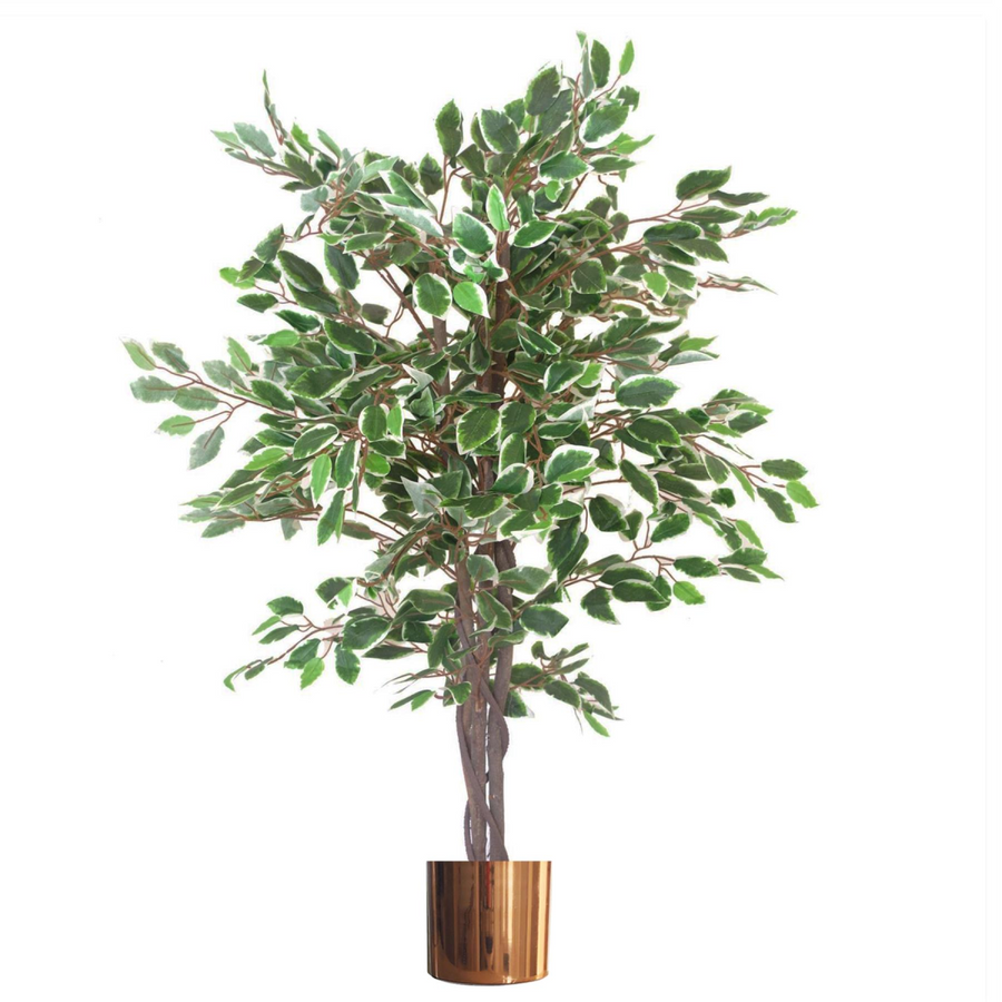 130cm White Edge Ficus Artificial Plant Tree with Copper Metal Planter