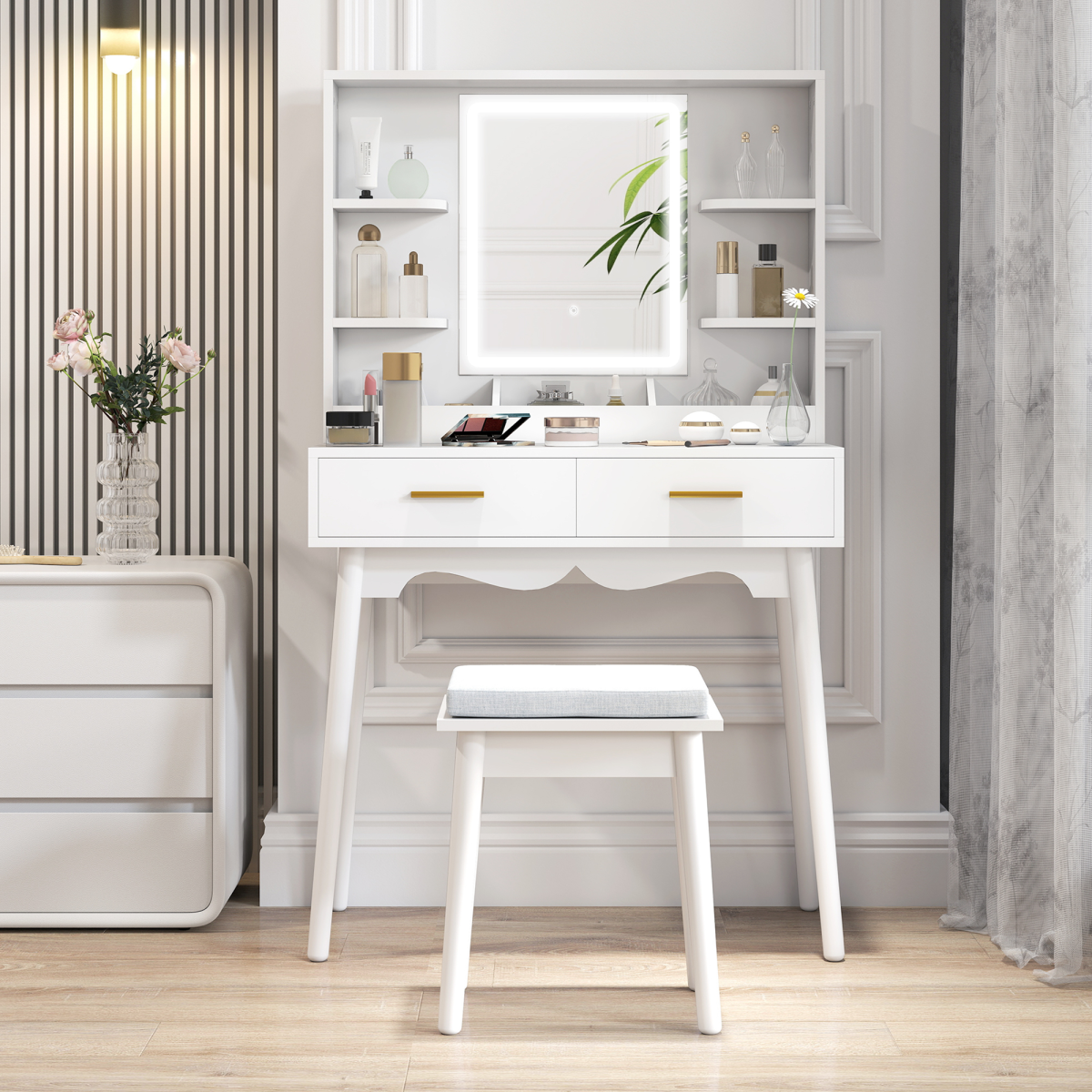 HOMCOM Dressing Table with LED Lighted Mirror and Cushioned Stool, White