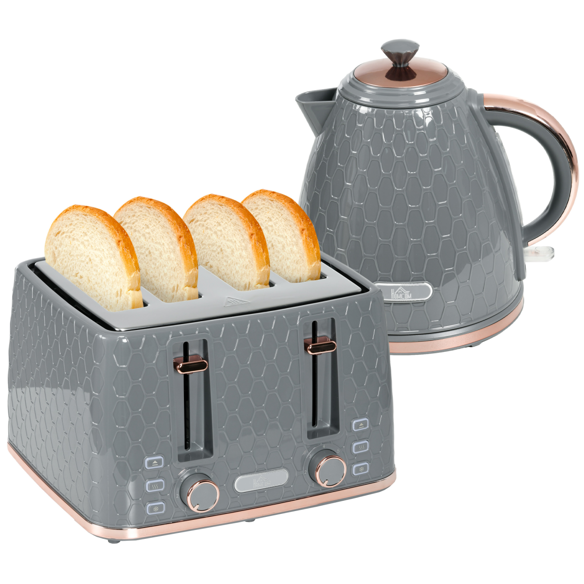 HOMCOM 1.7L Kettle and Four-Slice Toaster Set with Defrost, Reheat and Crumb Tray, Grey