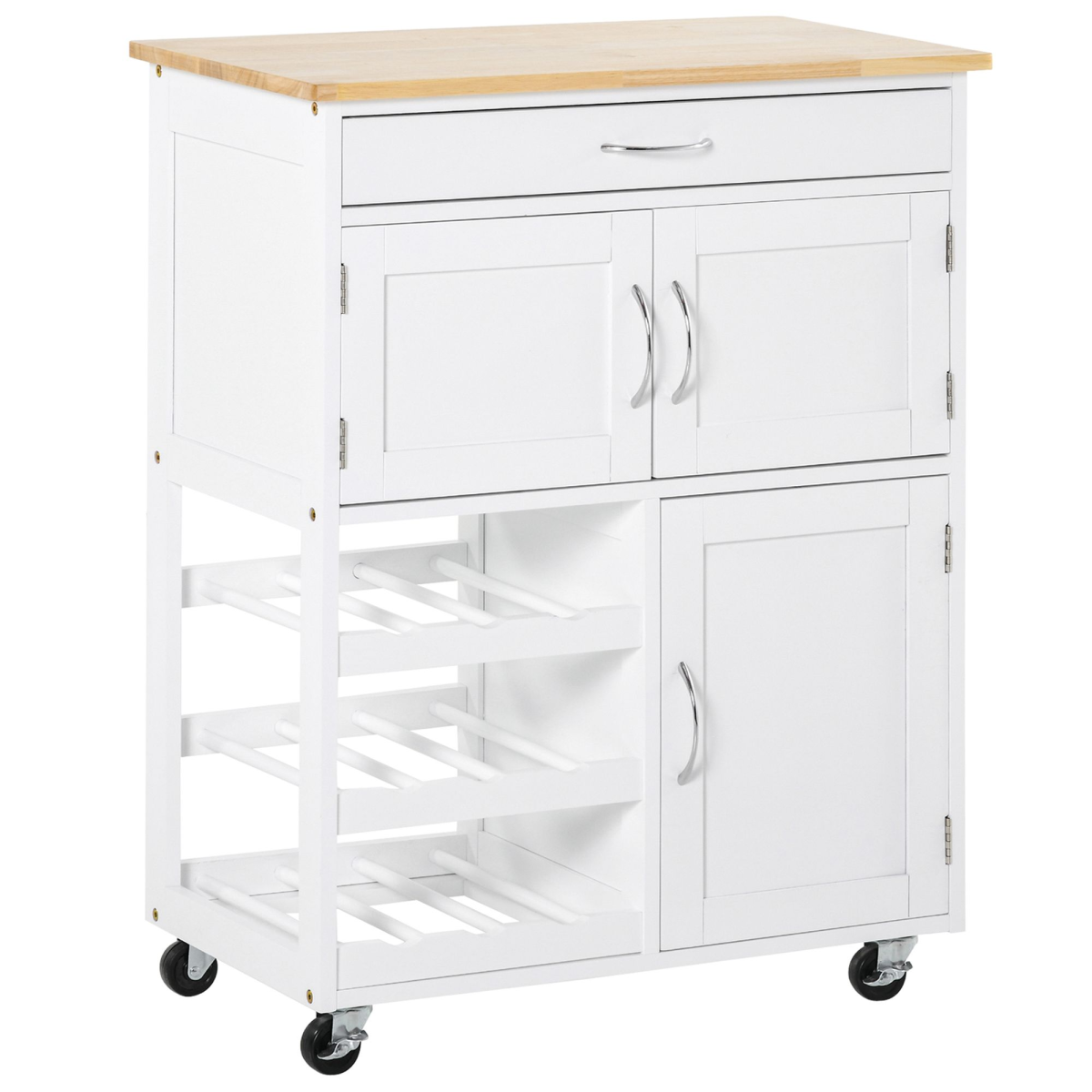 Modern Kitchen Trolley Rolling Island Storage Cart with Drawer and 9-Bottle Rack, White