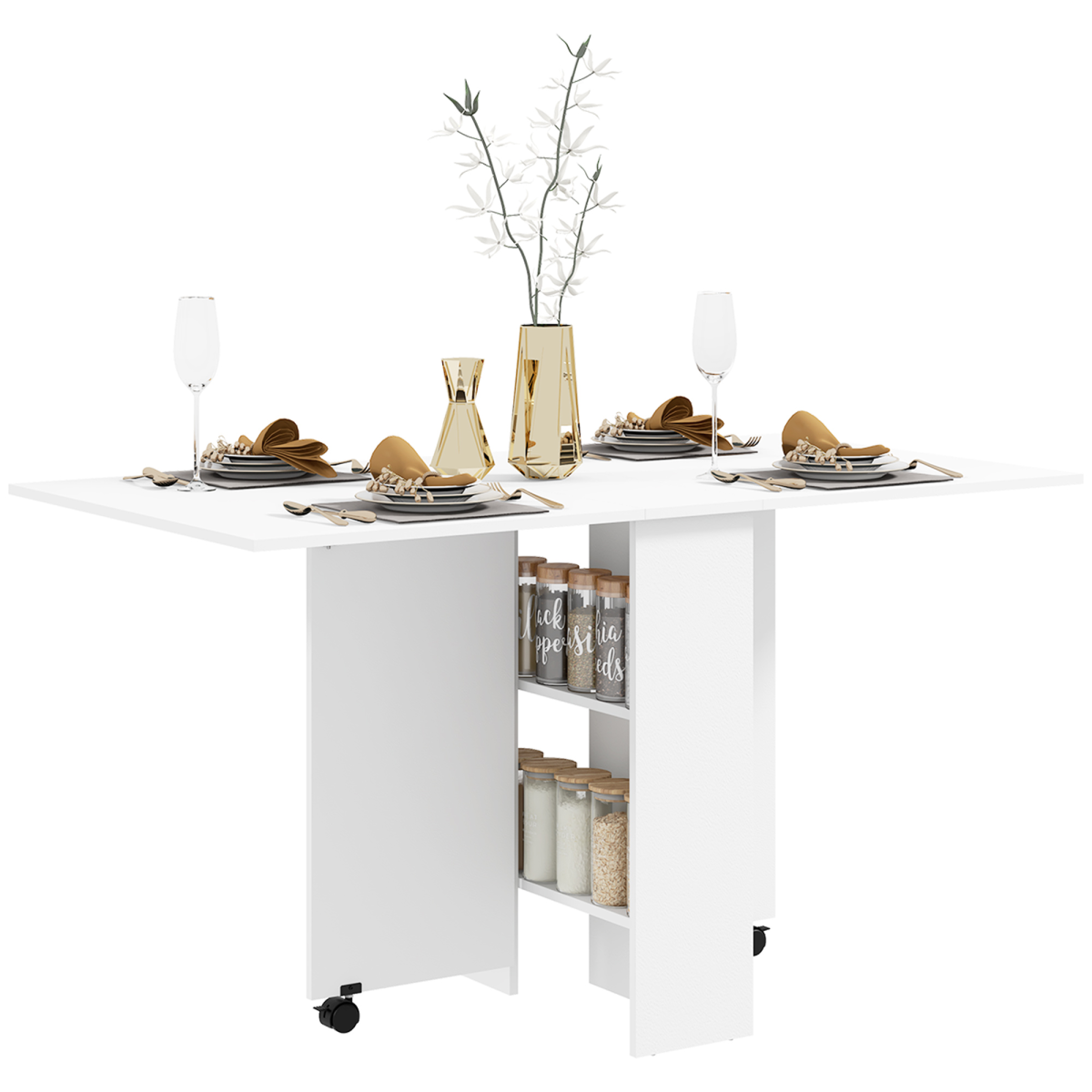 Kitchen Folding Desk Mobile Drop Leaf Dining Table with Shelves, White