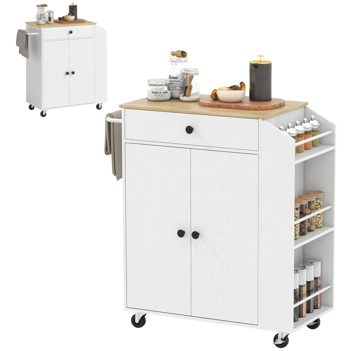 HOMCOM Kitchen Island with 3-Tier Spice Rack and Towel Rack