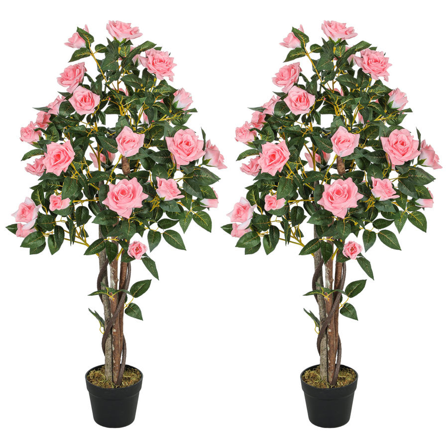 HOMCOM Set of 2 Decorative Artificial Rose Trees in Pot, Pink