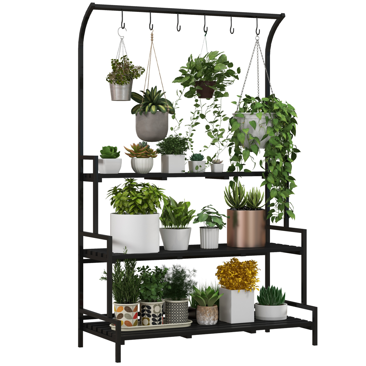 Outsunny 3 Tiered Plant Rack Stand with Hanging Hooks