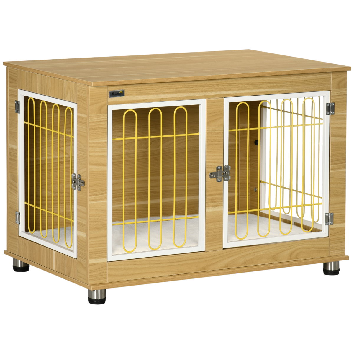 Dog Crate Furniture End Table with Soft Cushion, Double Door, Oak Tone