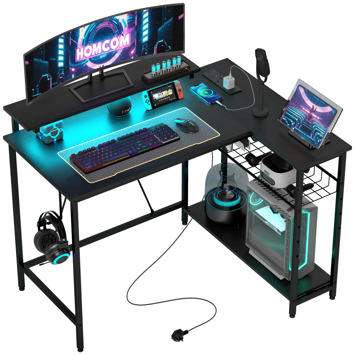HOMCOM L Shaped Desk with LED Lights, Reversible Corner Gaming Desk with Storage