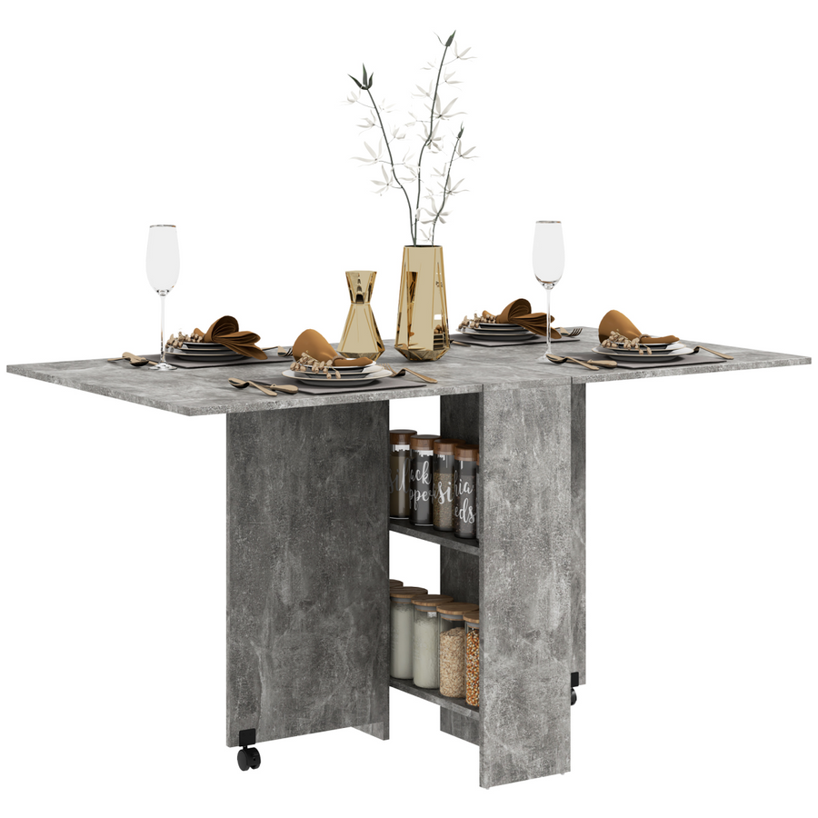 HOMCOM Rolling Drop Leaf Dining Table with Open Shelves