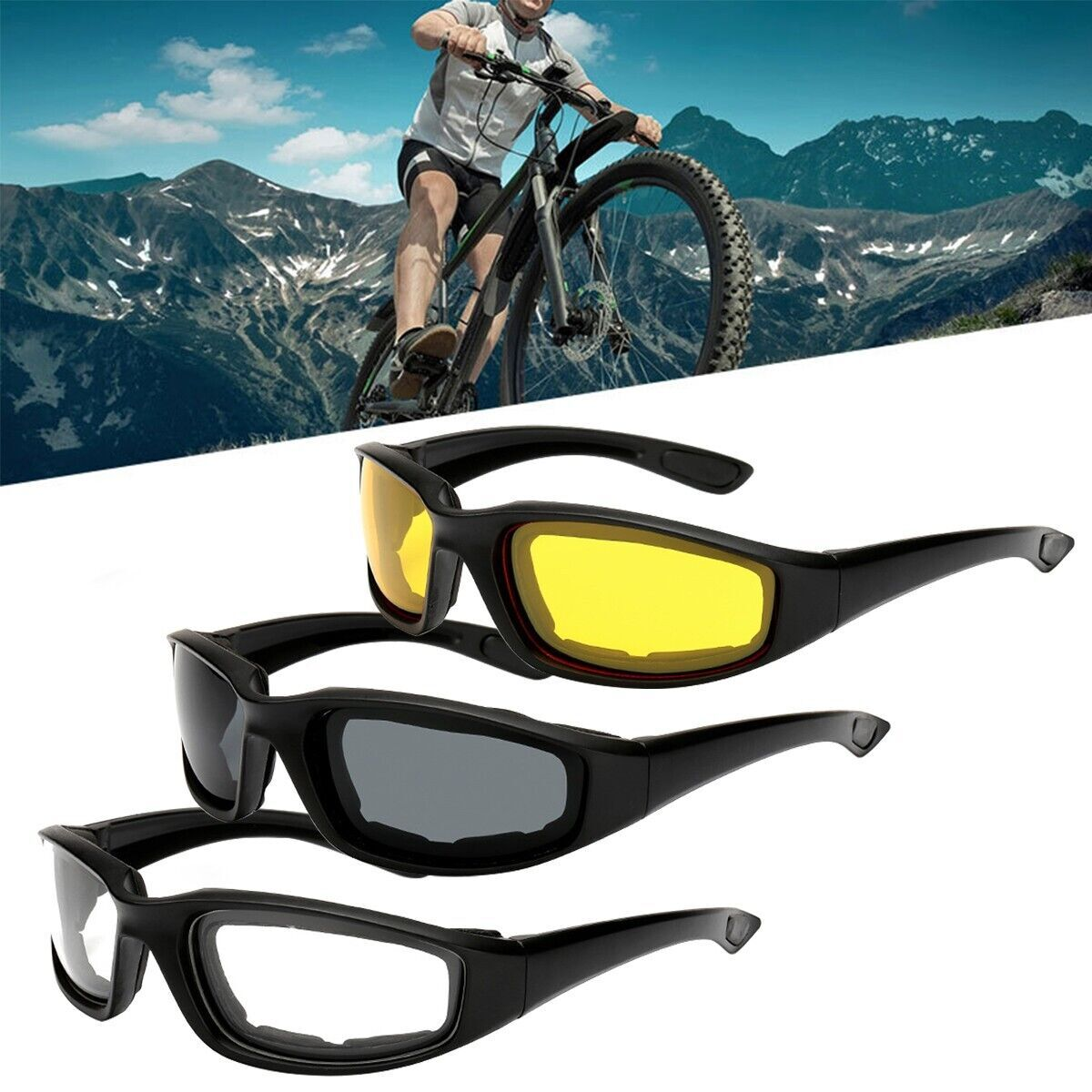 3 Pairs Motorcycle Riding Glasses, Gray/Clear/Yellow