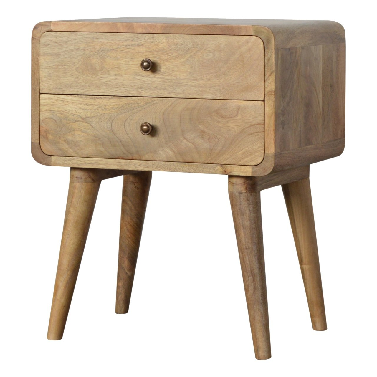 Artisan Furniture Solid Wood Curved Oak-ish Bedside Table, 2 Drawers, Brown