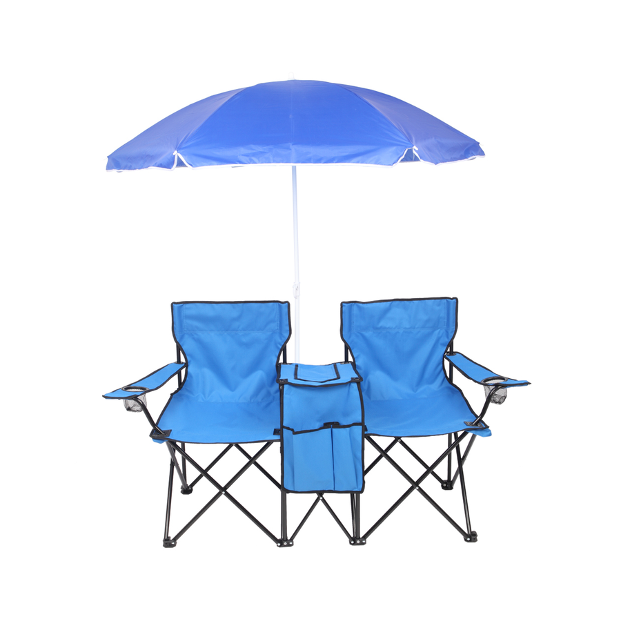Portable Outdoor 2-Seat Folding Chair with Removable Sun Umbrella Blue