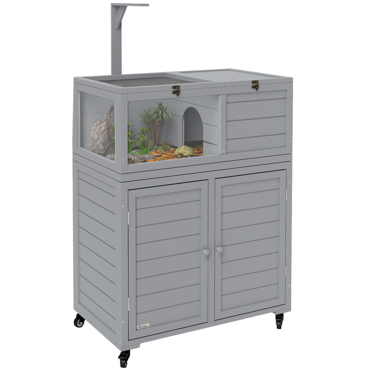 PawHut Tortoise House with Storage Cabinet, Lamp Holder, Openable Top