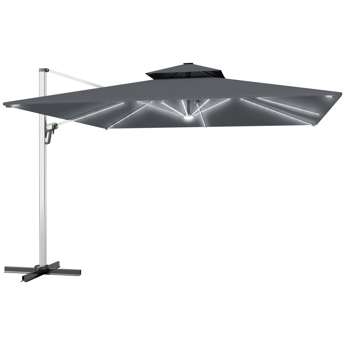 Outsunny Garden Cantilever Parasol, Patio Umbrella w/ Solar LED Lights, Grey