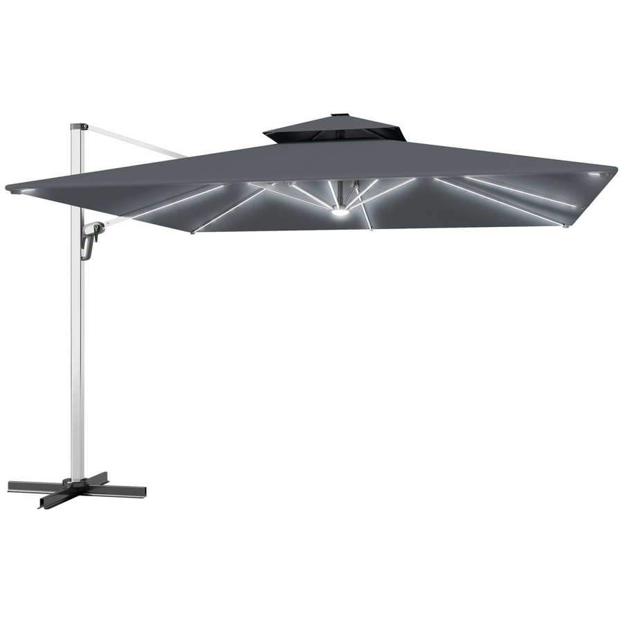 Outsunny Garden Cantilever Parasol, Patio Umbrella w/ Solar LED Lights, Grey
