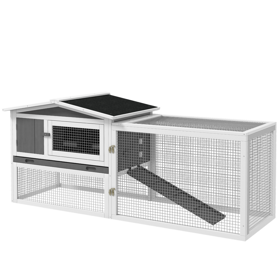 PawHut Rabbit Hutch and Run Outdoor w/ Sliding Tray Hay Rack Ramp, 156x58x68cm
