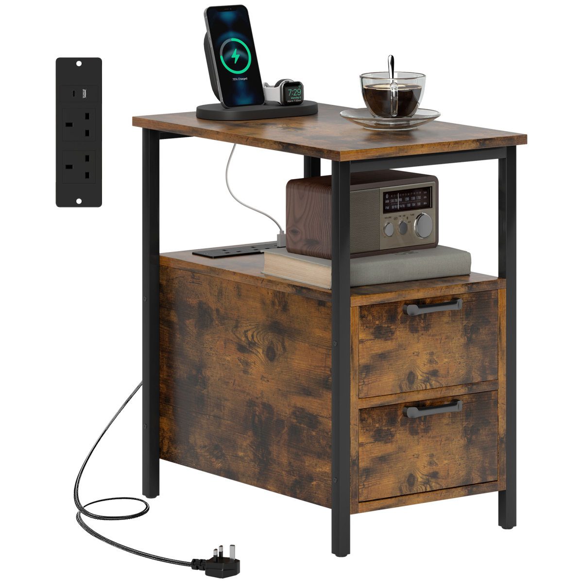 HOMCOM Bedside Table with Charging Station