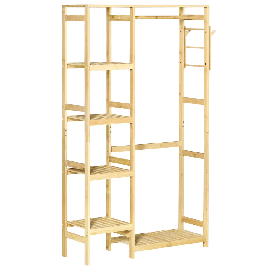 Bamboo Coat Rack w/ Hooks Hanging Rail and Storage Shelf for Entryway HOMCOM