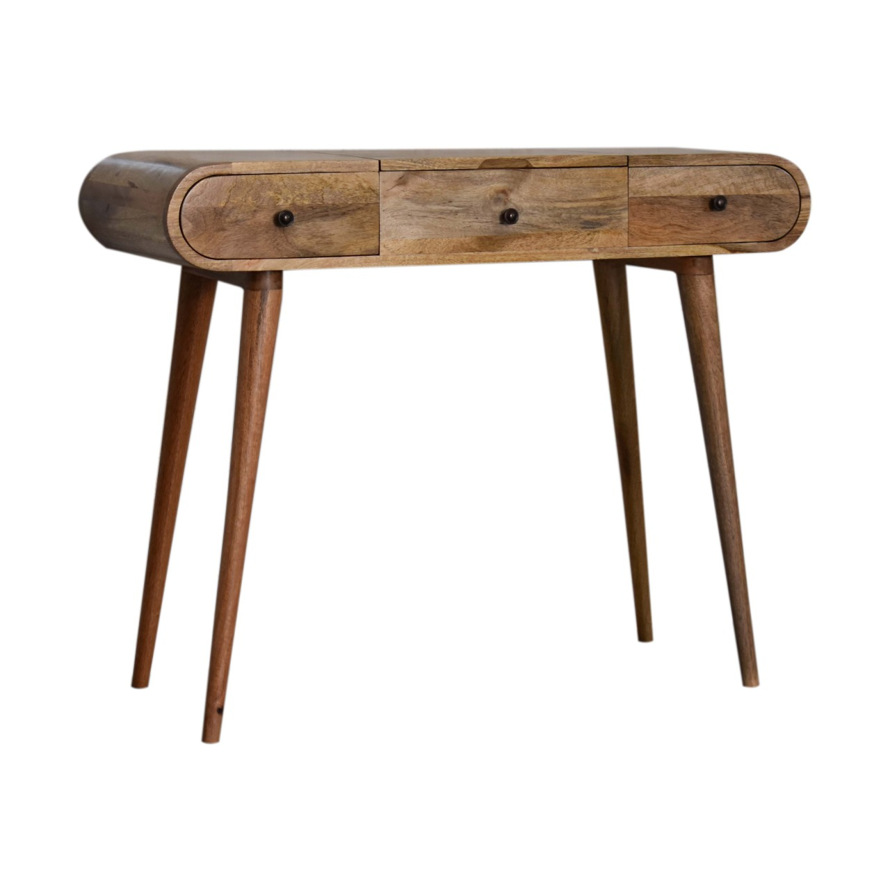 Artisan Furniture Solid Wood Oak-ish Round Dressing Table, 2 Drawers, 4 Storage Compartments with Mirror, Beige