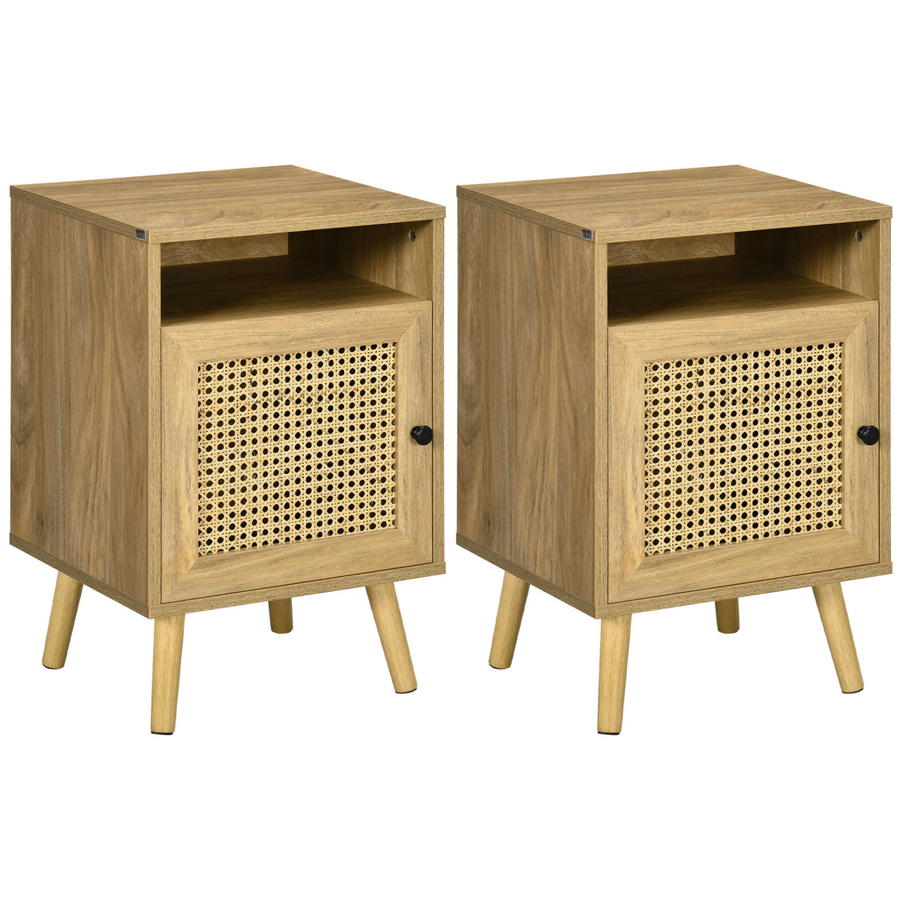 HOMCOM Nightstand Rattan Bedside Table with Cabinet and Shelf