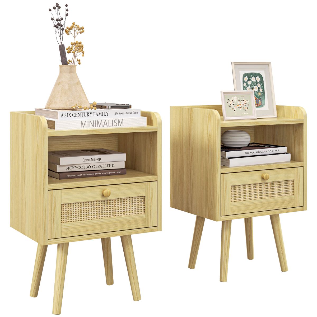 Bedside Tables, Set of 2, Boho Side End Table with Drawer and Storage Compartment