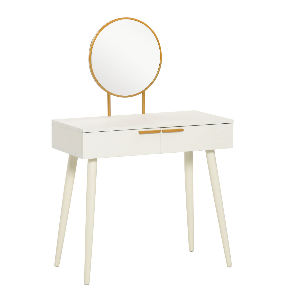 HOMCOM Modern Dressing Table with 2 Drawers and Round Mirror, White