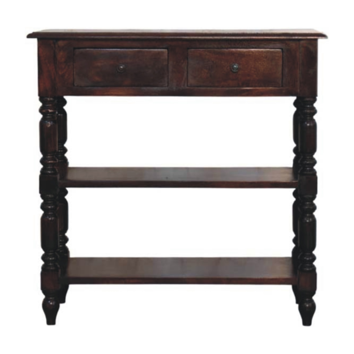 Artisan Furniture Solid Wood Turned Legs Cherry Side Table, 2 Drawers, 2 Shelves, Dark Brown
