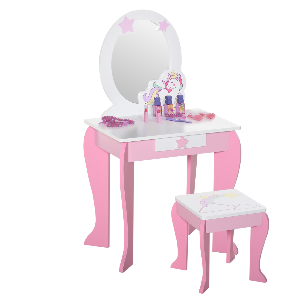 Kids Dressing Table, Girls Vanity Set with Mirror and Stool, Unicorn-Designed