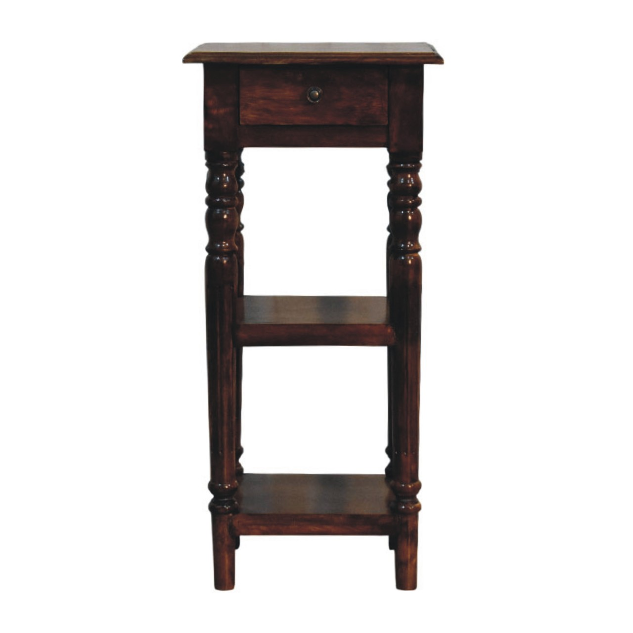 Artisan Furniture Solid Wood Tall Turned Leg Side Table, 1 Drawer & 2 Shelves, Brown