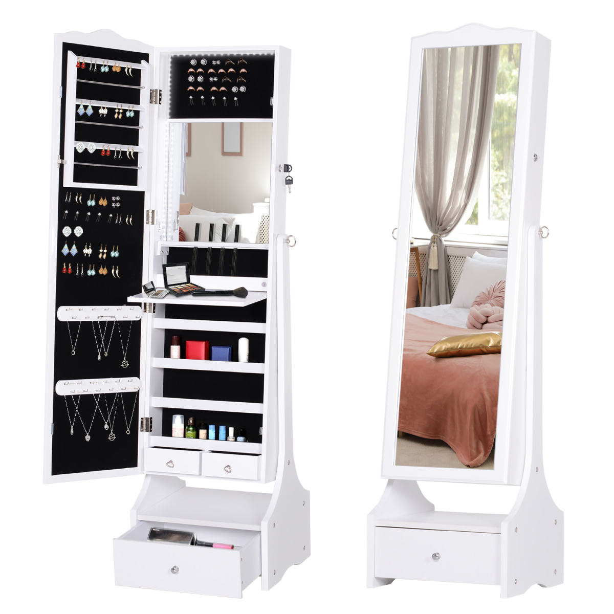Mirrored Jewelry Cabinet Armoire Floor Standing with Lock, LED Light, White