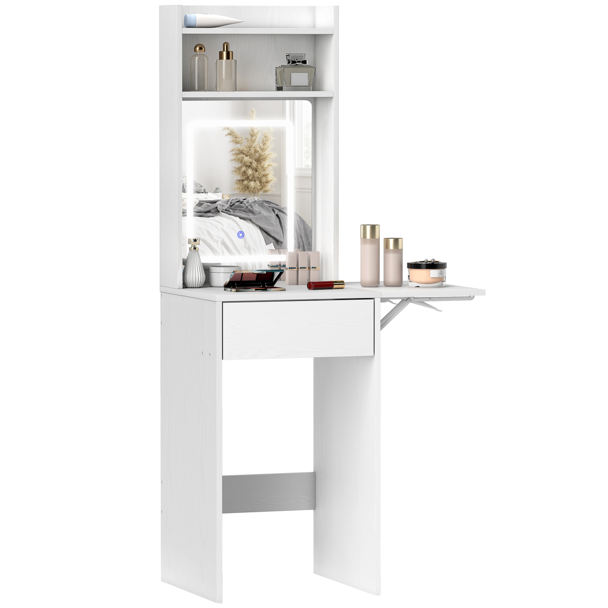 HOMCOM Compact Dressing Table with Lighted Mirror, Open Shelves and Drawer, White