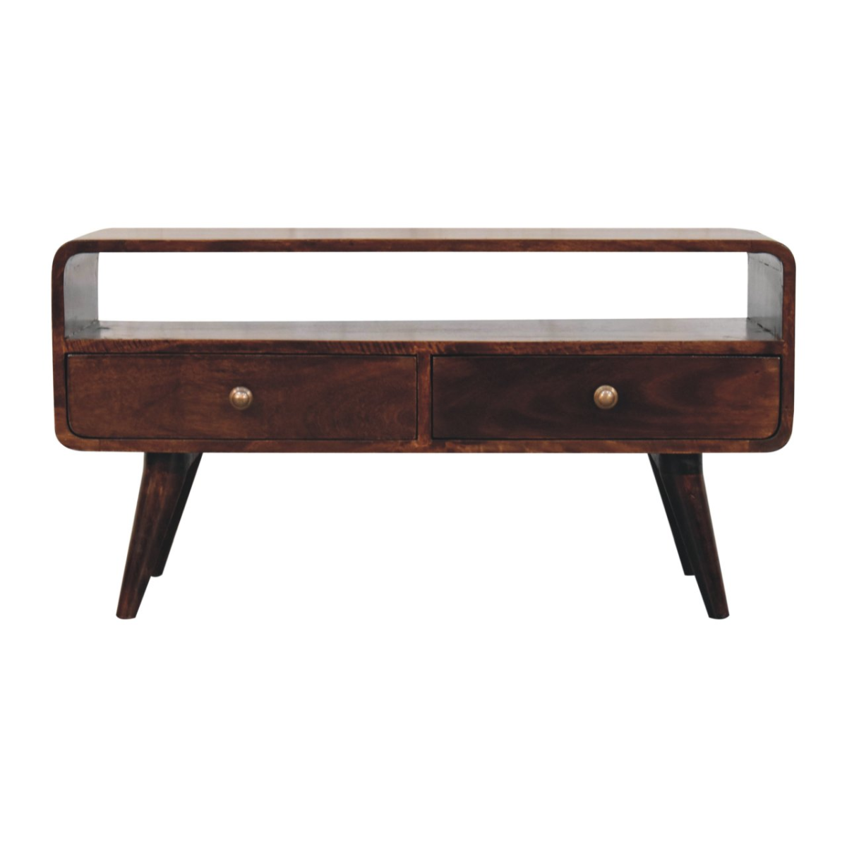Artisan Furniture Solid Wood Curved California Walnut Media Unit, 2 Drawers, 1 Open Slot, Dark Brown